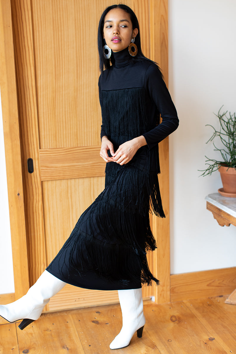 Fringe Midi Dress - Black