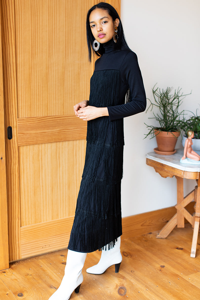 Fringe Midi Dress - Black