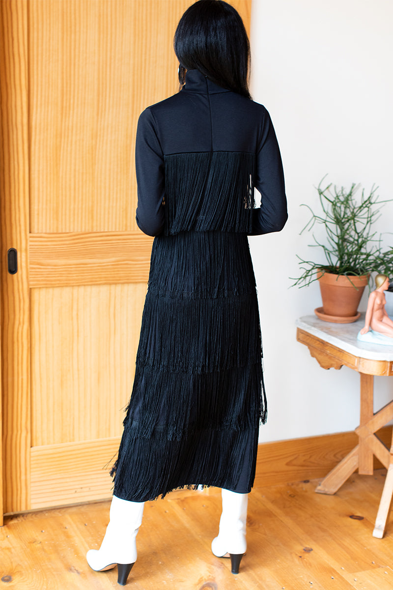 Fringe Midi Dress - Black