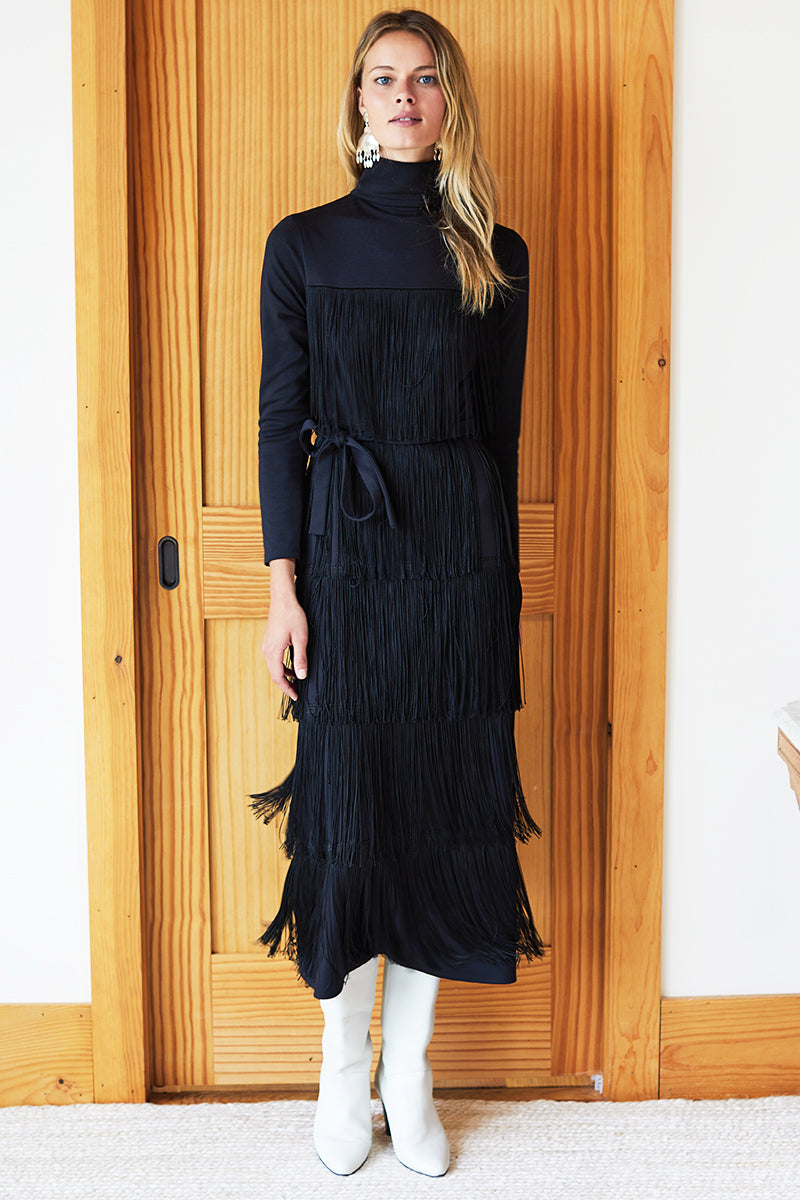 Fringe Midi Dress - Black