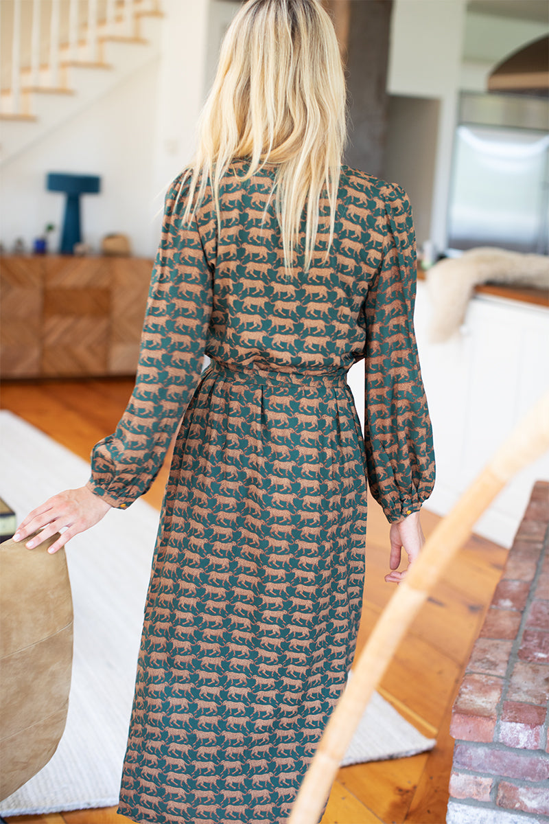 Bishop Sleeve Dress - Dark Green Cheetah