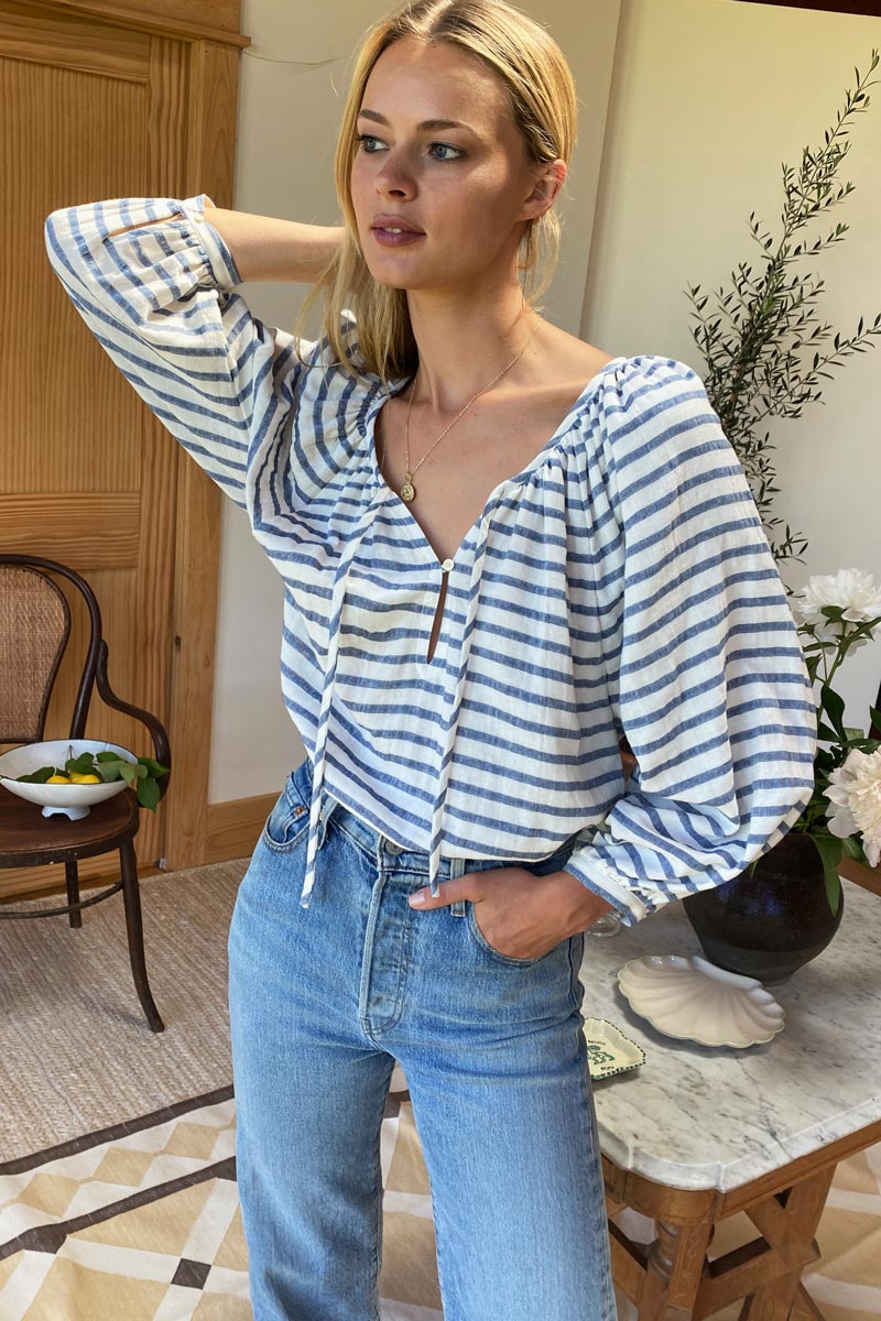 Lucy Blouse - White + Blue Stripe