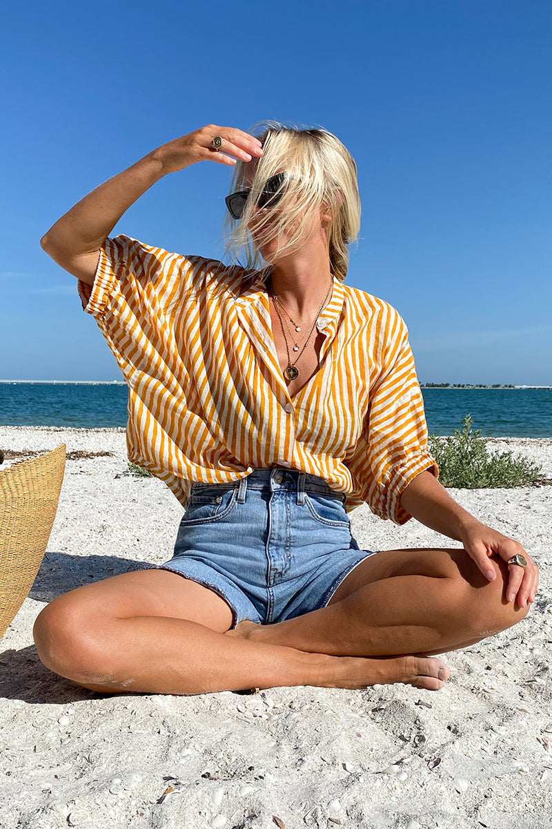 Mandarin Collar Top - Marigold Stripe Organic