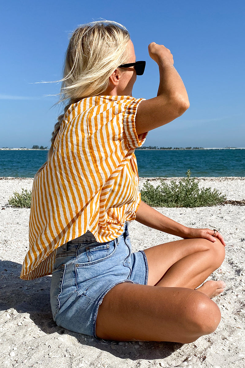 Mandarin Collar Top - Marigold Stripe Organic