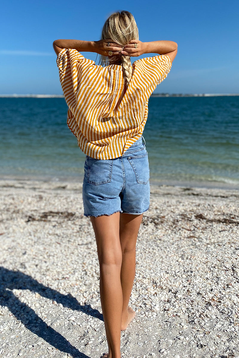 Mandarin Collar Top - Marigold Stripe Organic