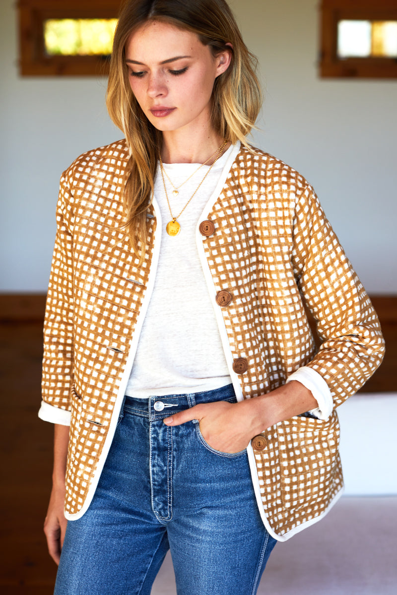 India Quilted Jacket - Ochre Gingham Organic