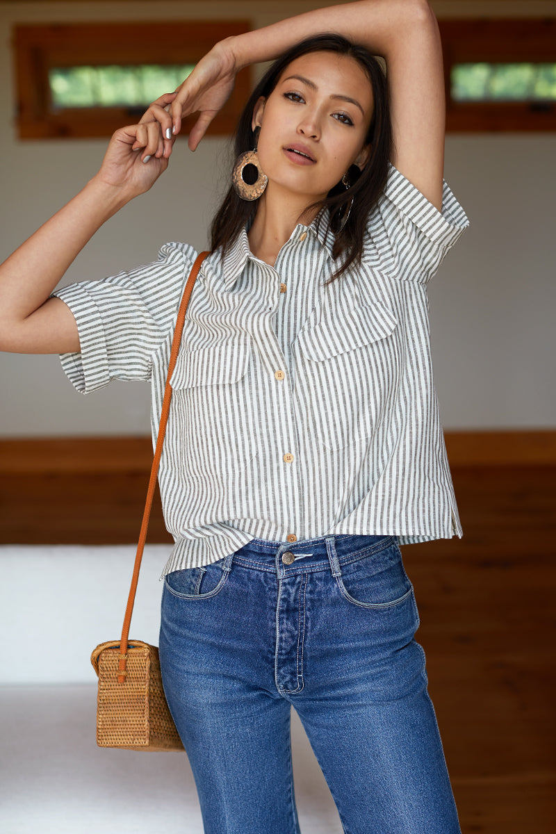 Short Sleeve Utility Shirt - Juniper Stripe Linen