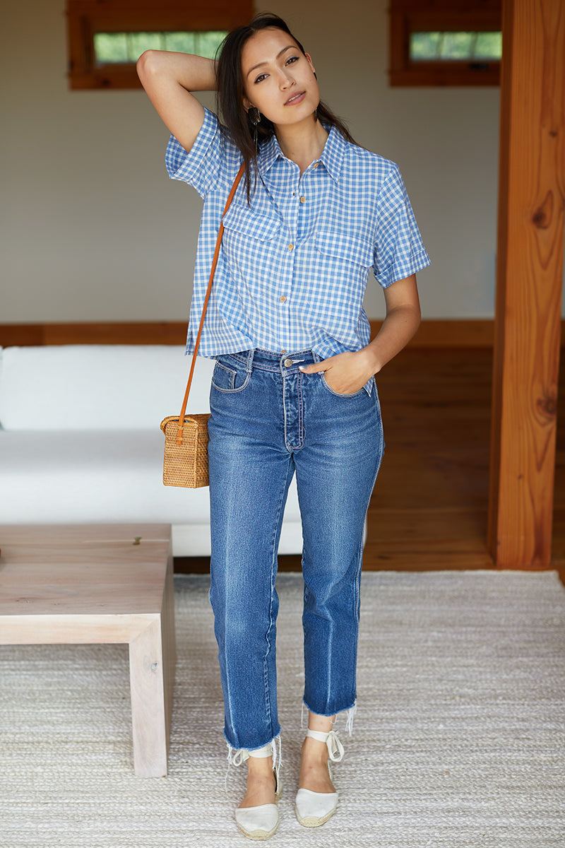 Short Sleeve Utility Shirt - Blue Gingham