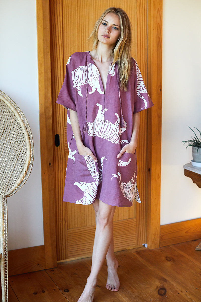 Organic Linen Caftan - Purple Tiger