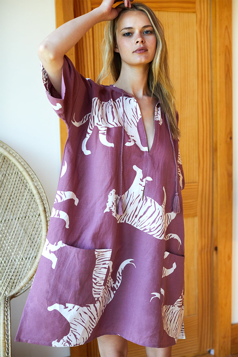 Organic Linen Caftan - Purple Tiger