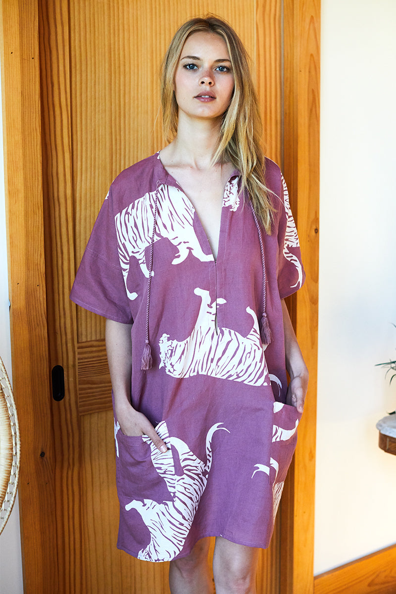 Organic Linen Caftan - Purple Tiger