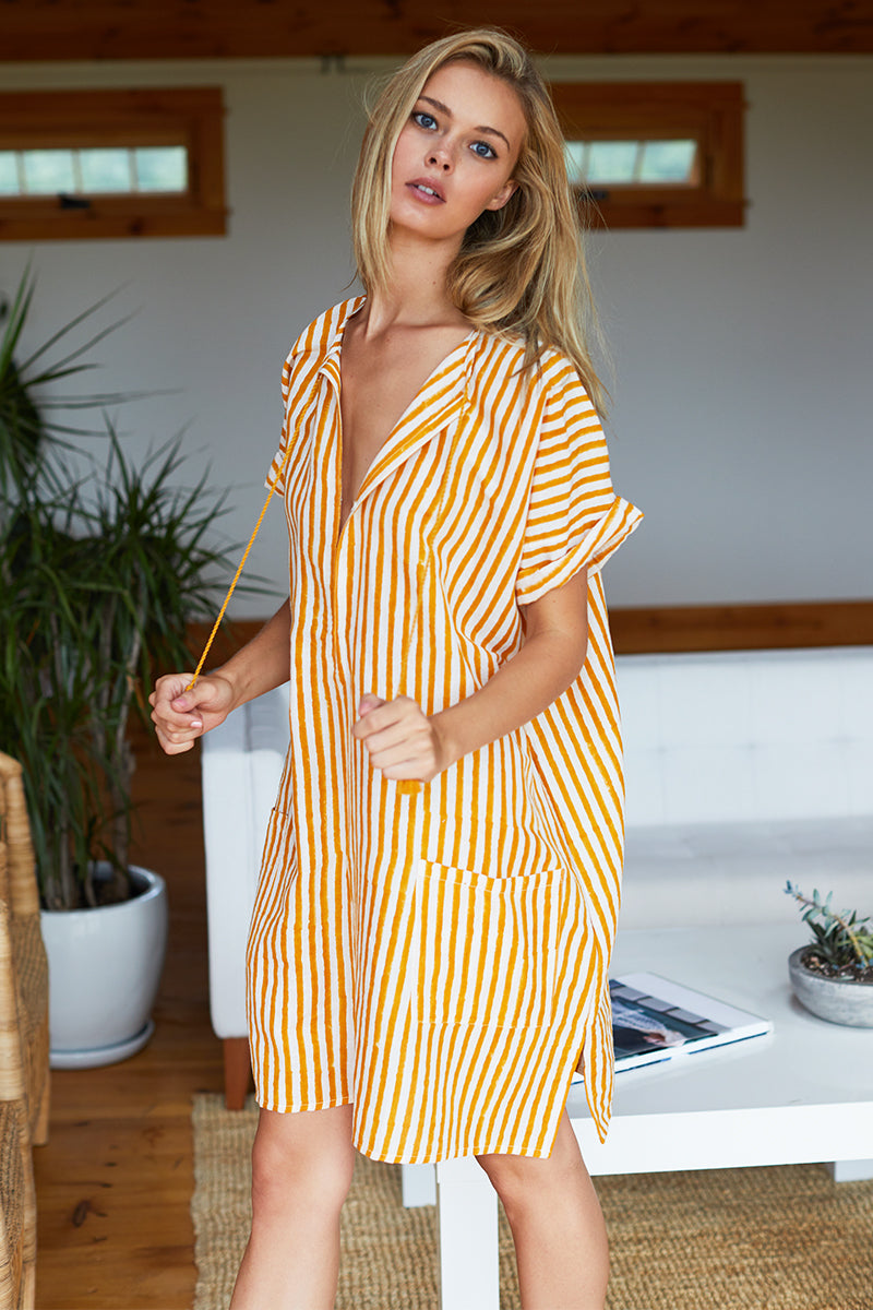 Organic Linen Caftan - Marigold Stripe