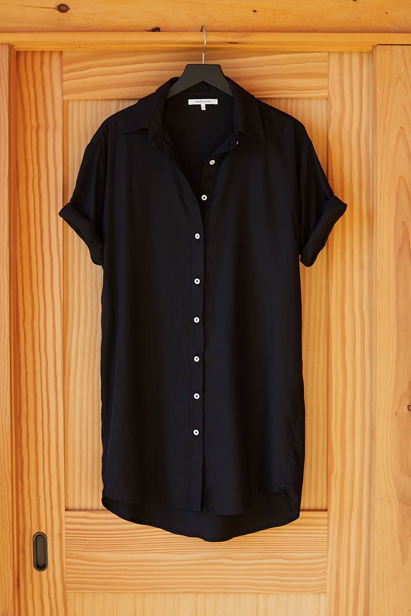 Short Sleeve Shirtdress - Black Tencel