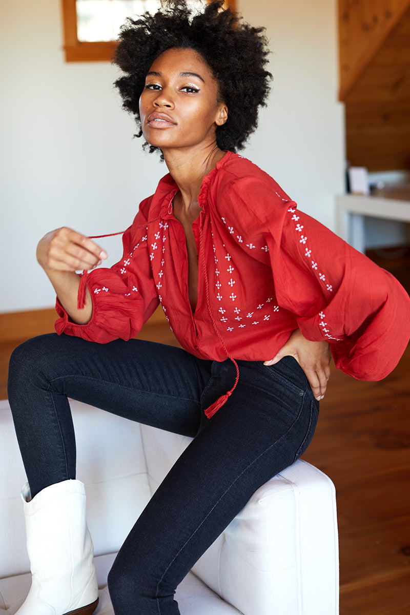 Bardot Top - Embroidered Red