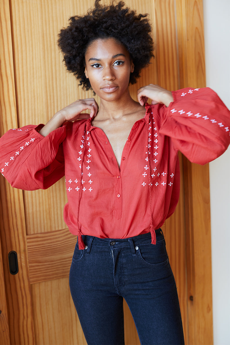 Bardot Top - Embroidered Red