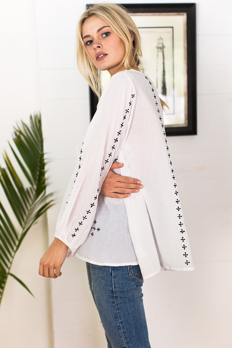 Bardot Top - Embroidered White Organic