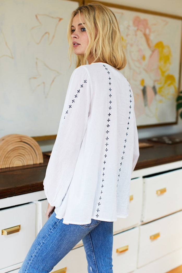 Bardot Top - Embroidered White Organic