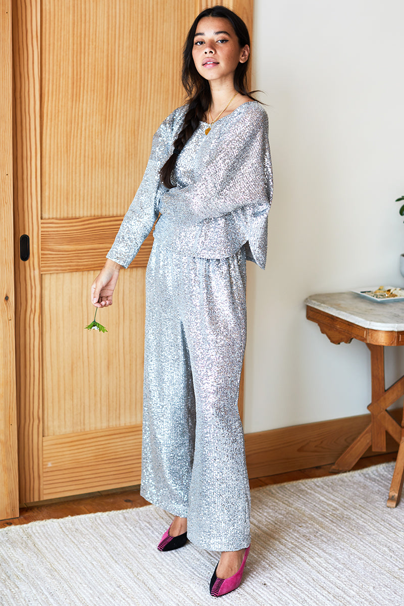 Wide Leg Pant - Silver Sequin