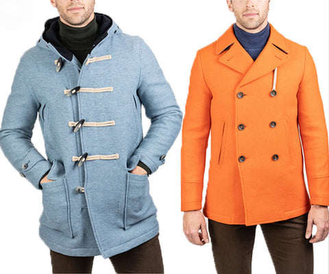 blue duffle camplin coat and orange double breasted coat