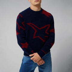 Distorted Stars Jacquard Merino Crew Knit Sweater - Navy