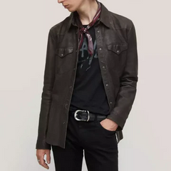 Leather Western Shirt Jacket - Black