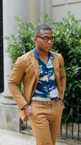 Cuban collar shirt styled with a suit