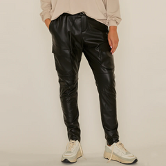 Faux Leather Drawstring Cargo Pant - Black