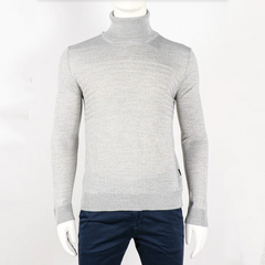 Wool Blend Ribbed Turtleneck Sweater - Light Grey