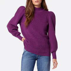 Balloon Sleeve High Neck Ribbed Sweater - Purple