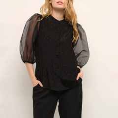 Sheer Balloon Sleeve Glitter Pattern Top - Black