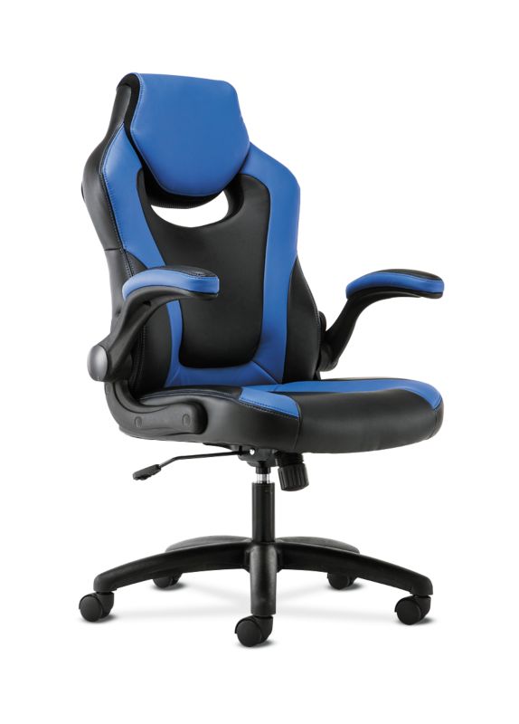 Hon Racing Style Gaming Chair Flip Up Arms Black And Blue Leather