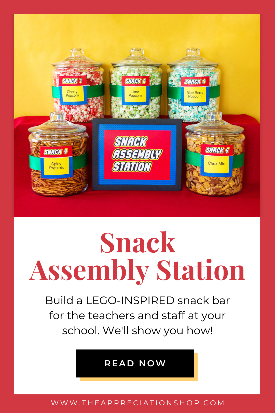 Snack Assembly Station - Lego themed teacher appreciation snack bar ideas and printables