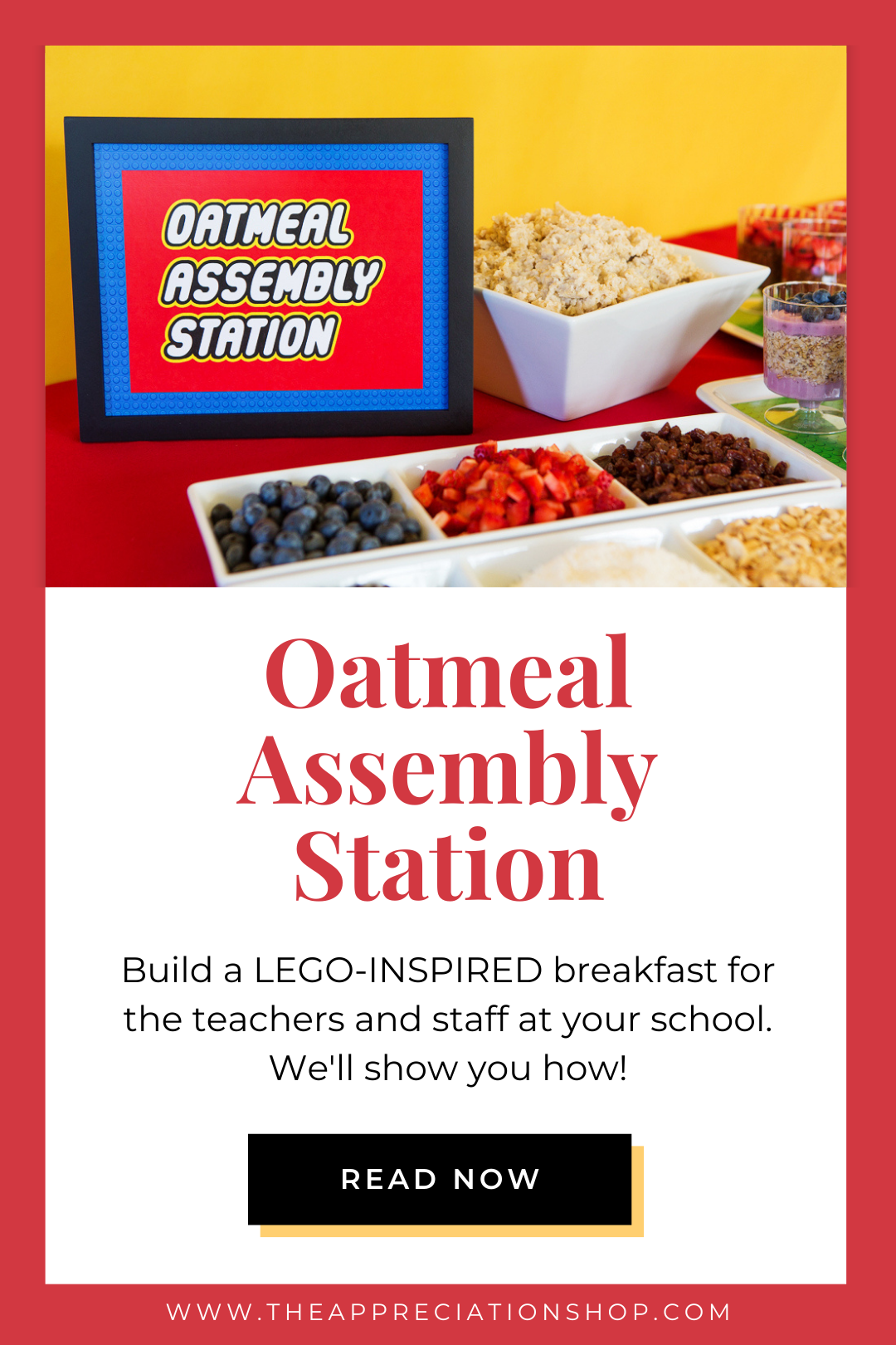 Oatmeal Assembly Station - Lego themed teacher appreciation breakfast ideas and printables