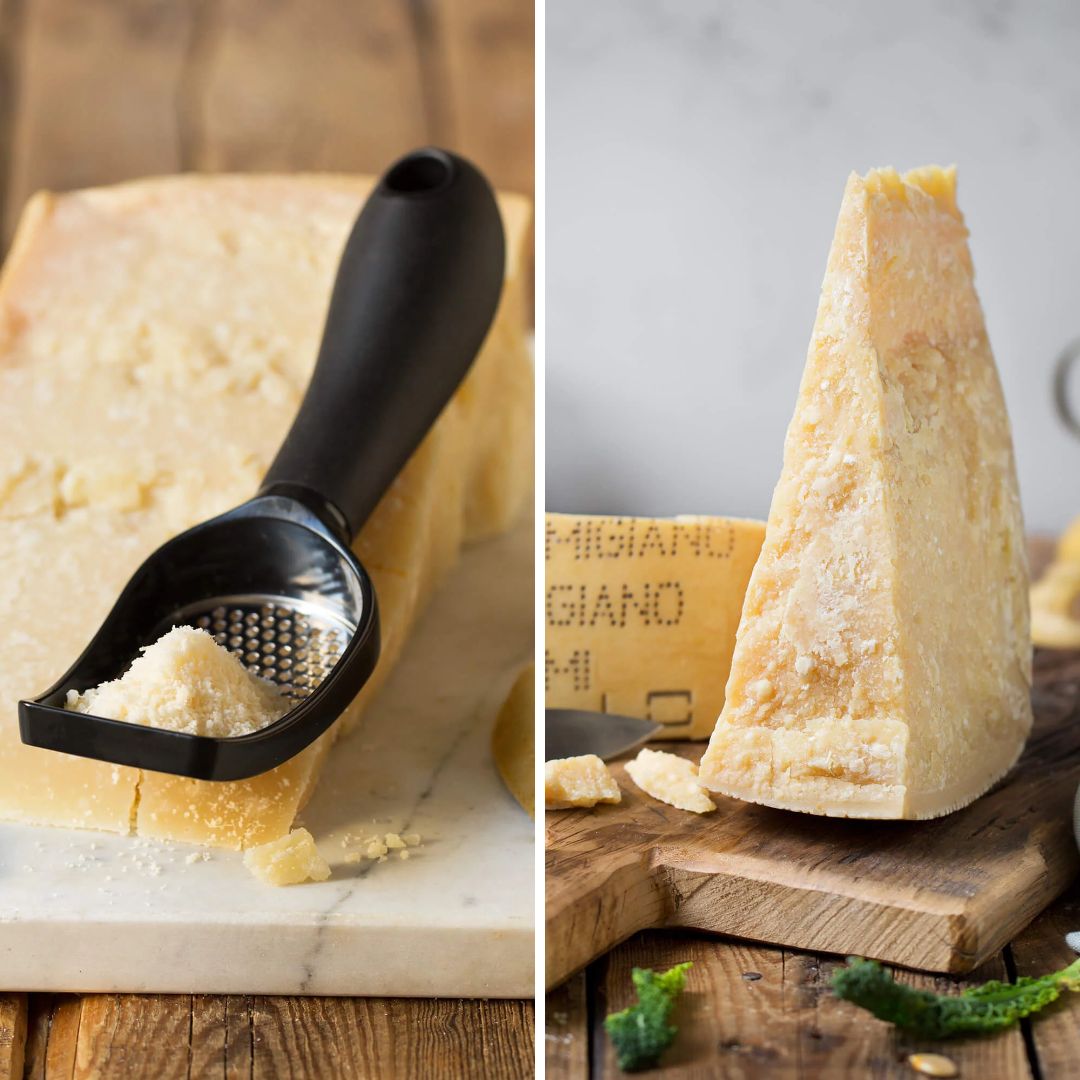 A cone shaped grater with a block of parmesan stock photo - OFFSET