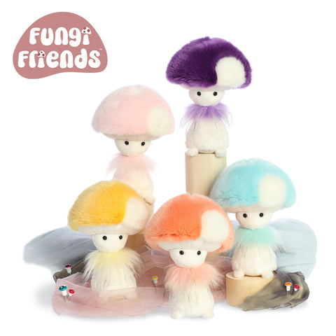 The Fungi Friends featuring a collection of colorful mushroom plushies