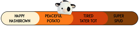 A Spudsters cow plush by Aurora that is placed at peaceful potato on the spud-o-meter