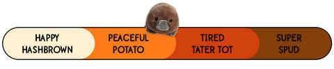 A Spudsters platypus plush by Aurora that is placed at peaceful potato on the spud-o-meter