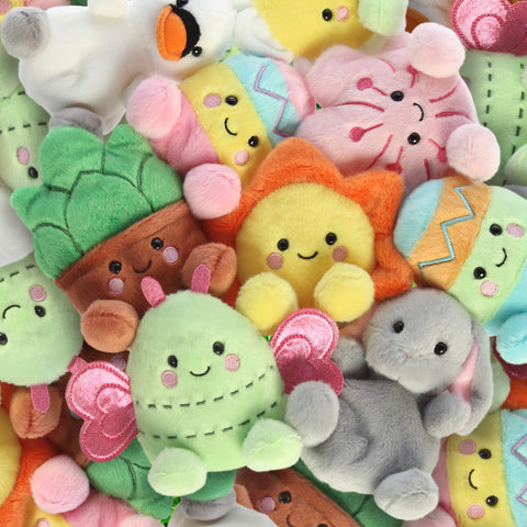 An image of various Palm Pals, a succulent plush, flower plush, egg plush, swan plush, and more