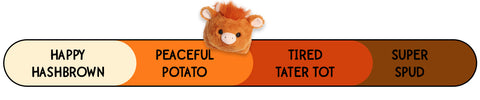 A Spudsters highland cow plush by Aurora that is placed at peaceful potato on the spud-o-meter