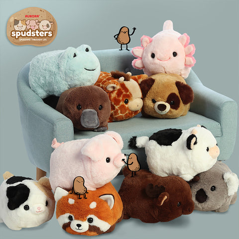 Spudsters collection featuring an axolotl plush, frog plush, giraffe plush, red panda plush, koala plush, and more