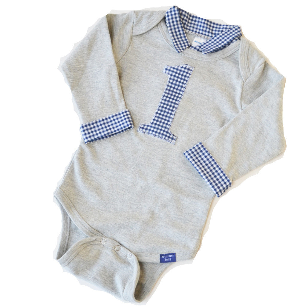 Baby Boy First Birthday Outfit Gray With Navy Gingham Brimmer Boys