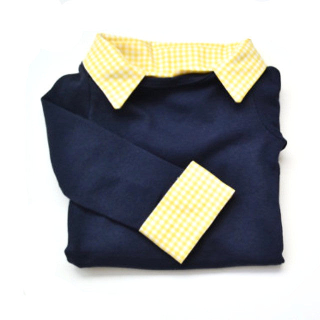yellow and navy blue outfit