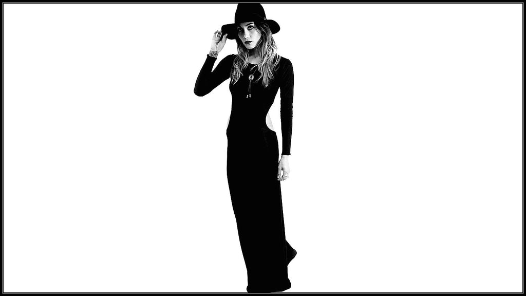 black long sleeve cut out maxi dress with wide brimmed hat