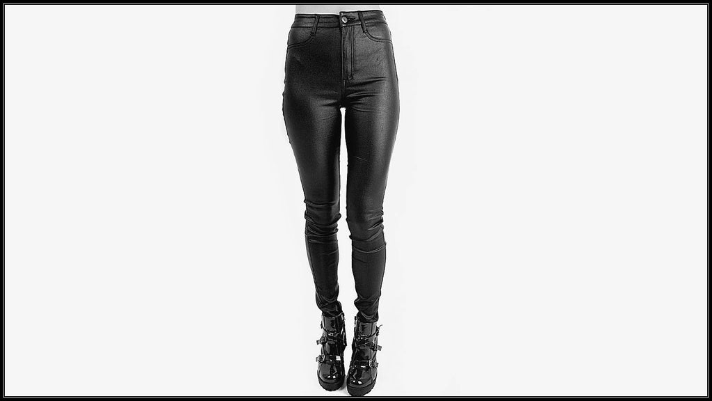 high waisted wax coated black skinny jean pants