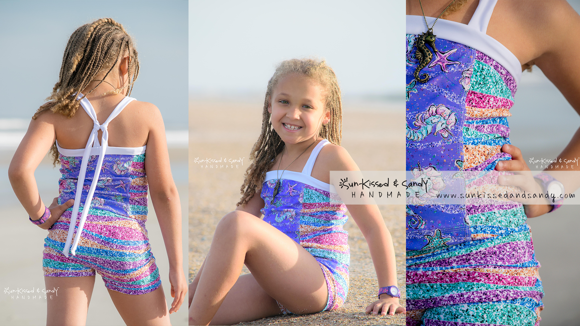 Sun-kissed and sandy handmade tankini swimsuit and rash-guard.