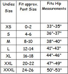 size chart - women's underwear panties scrundies by SKAS