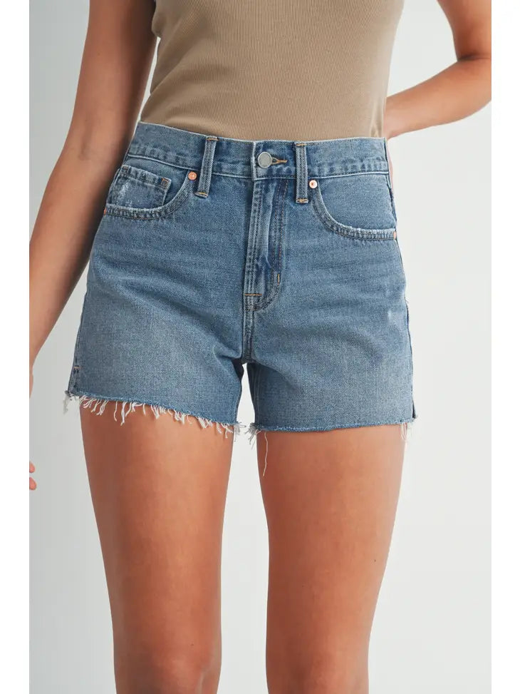 High Rise Frayed Short - Medium Denim