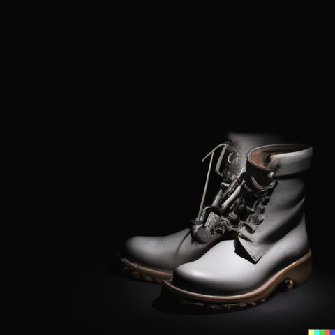 Image of grey leather boots with a black background