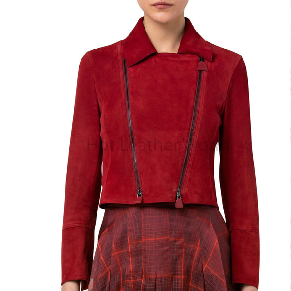 Premium Red Two Way Zipper Closure Women Suede Leather Jacket -  HOTLEATHERWORLD