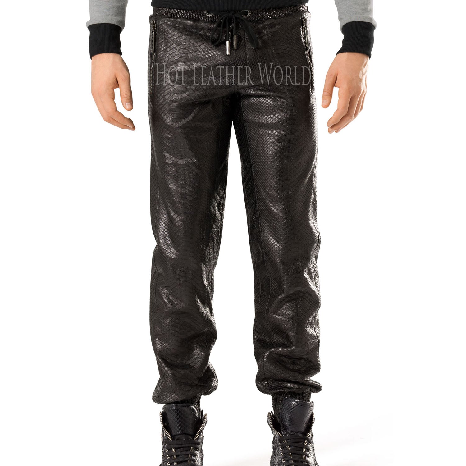 Crocodile Embossed Leather Pants For 
